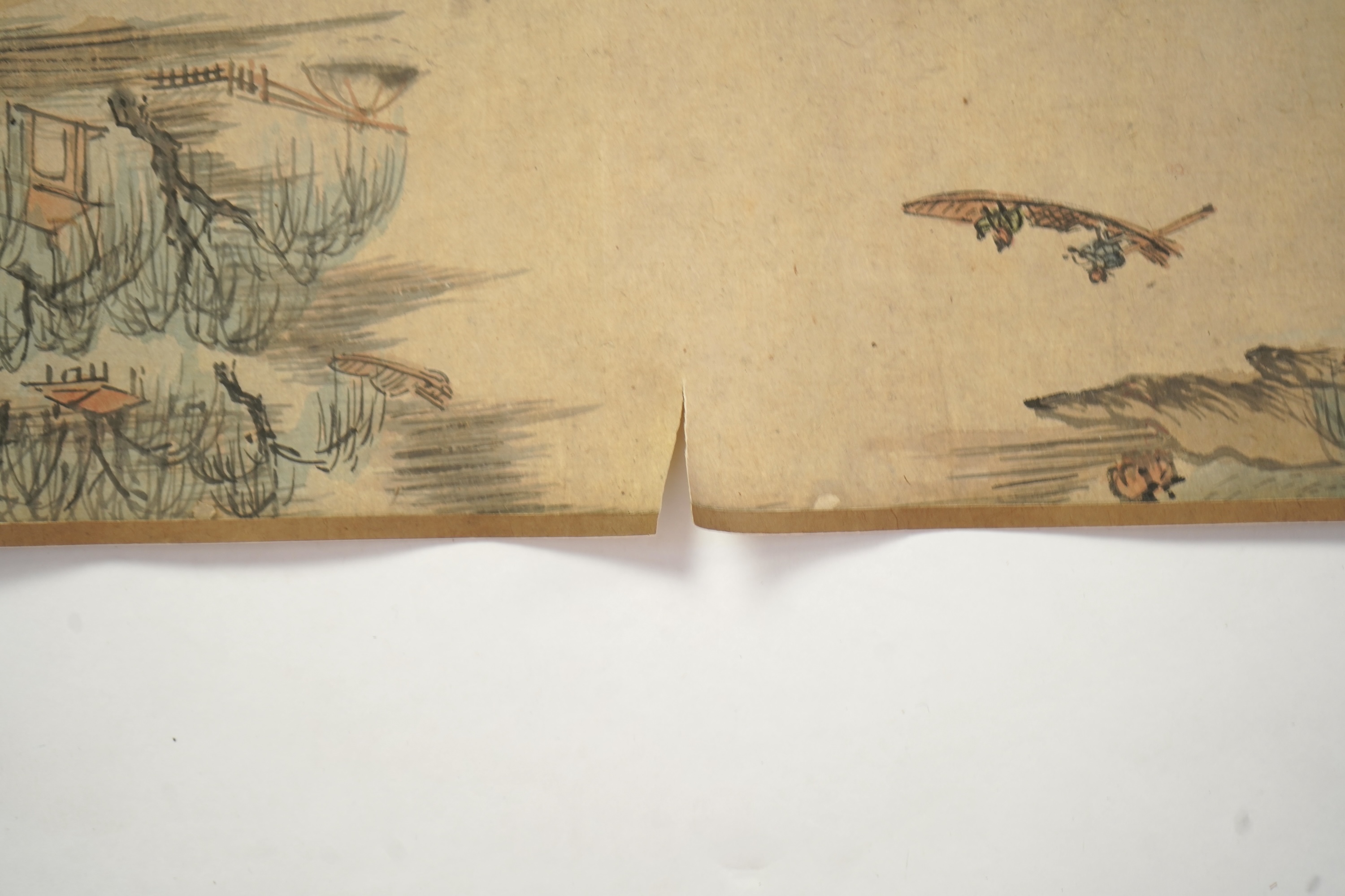 Chinese School , (Qing dynasty), Figures in a mountainous river landscape, Ink and colour on paper handscroll, 268.5cm x 29cm excluding borders